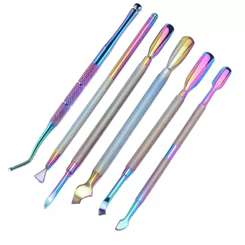 #3632 Stainless Steel Manicure Nail Pusher Rambow Cloure coating available in different face finishing